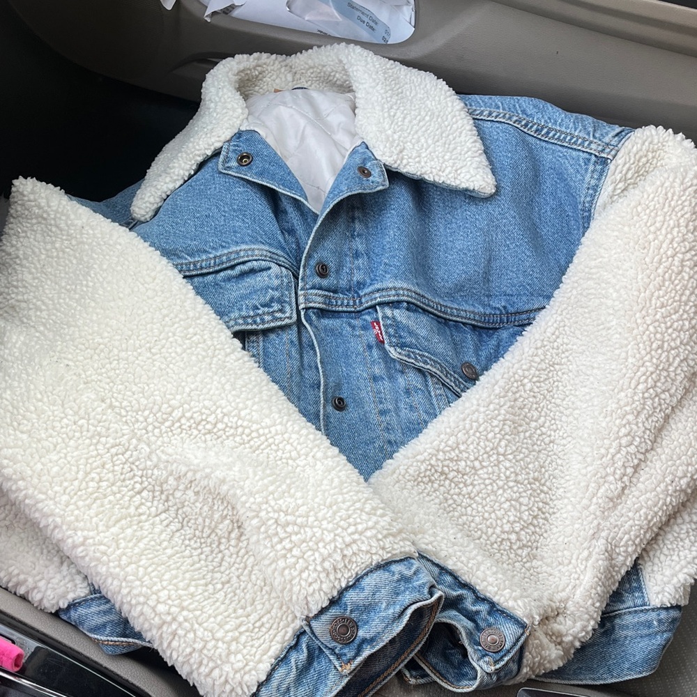 Denim Sherpa Jacket with Cream Sleeves